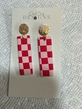 Pink & Red Checkerboard Drop Earrings